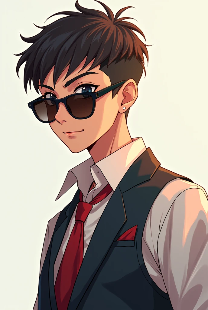 Create a profile pic cute anime age mafia boy with sunglasses on. Both shoulders must be seen. Sunglasses should be tinted.