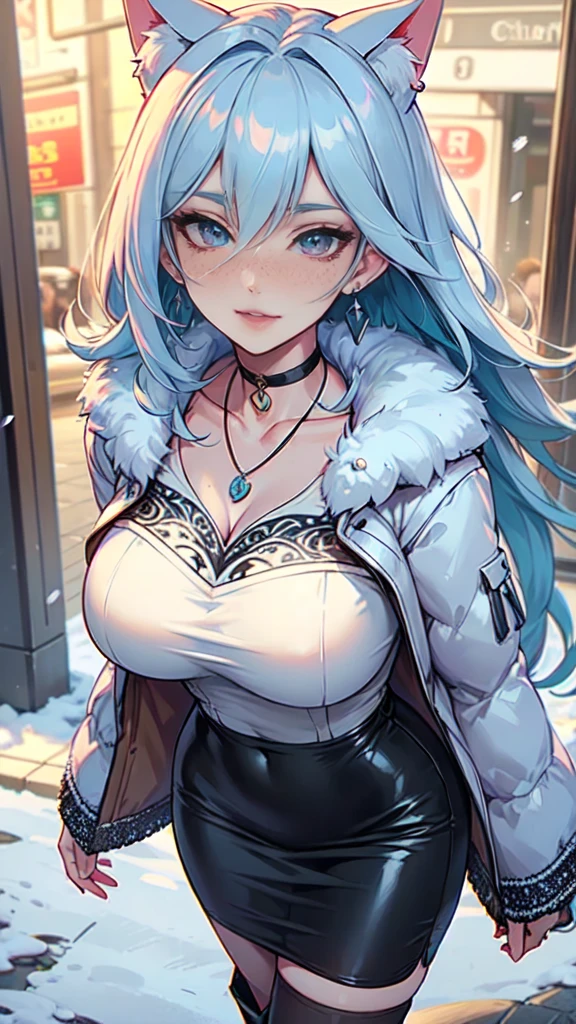 Masterpiece, beautiful art, professional artist, 8k, art style by sciamano240, very detailed face, very detailed hair, very detailed clothes, 1girl, perfectly drawn body, beautiful face, long hair, light blue hair , very detailed blue vertical cat eyes, square glasses, pouty lips , rosey cheeks, intricate details in eyes, extreme close up of face, see only head and neck, staring directly at viewer, wearing cute winter clothes, winter coat, necklace, choker, earrings, gloves, pencil skirt, black tigh boots, some freckles, big wide grin, in love with the viewer expression, sunny winter setting, walking outside,