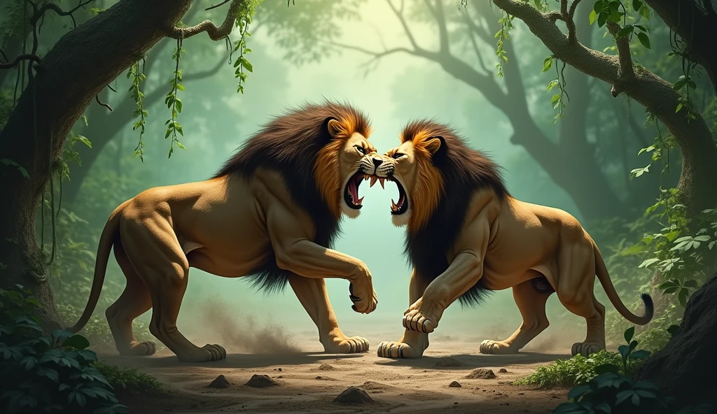 A photo of two lions fighting in a dense jungle. One lion has its mouth open and is attacking the other lion, which has its eyes wide open and is defending itself. The background is filled with greenery and vines. The ground is muddy. The lighting is soft.