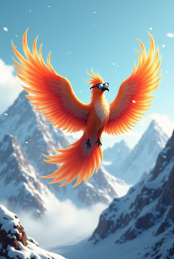 Phoenix, Above the snowy mountains, on vacation, wearing sunglasses,