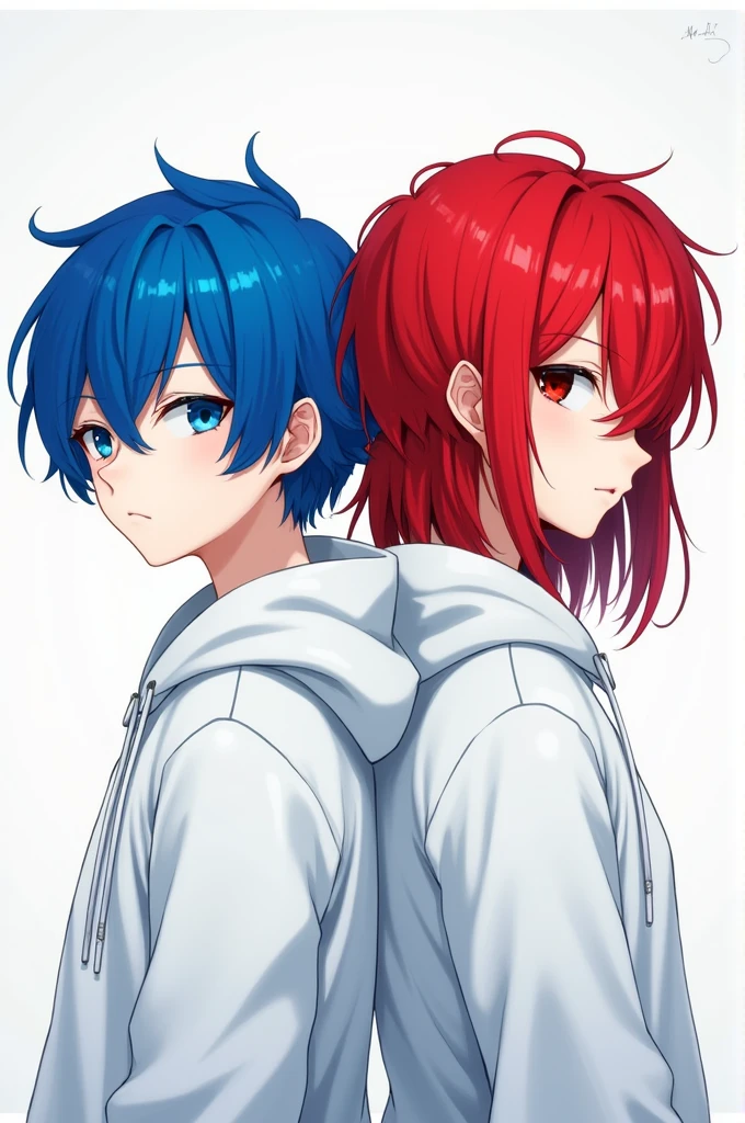 Blue hair and Red hair 
Blue eyes and red eyes
Hoodie white