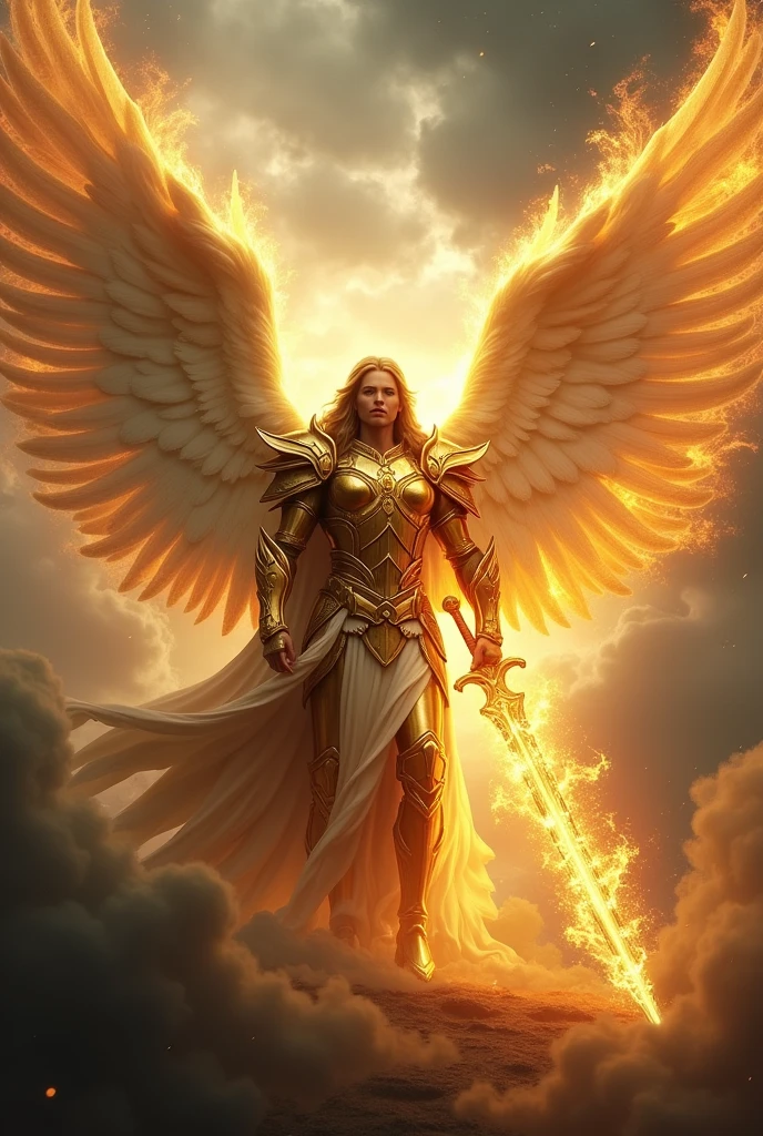 An angel who is on high, he has golden armor and as if he were protecting something, he is feared and he is an angel of divine light., carrying a sword of fire in a sky with dark gray clouds having a divine light from God