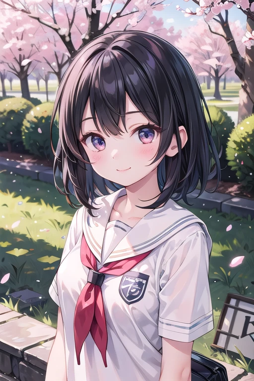 (masterpiece), school, cherry blossoms, outdoors, 1girl, serafuku, medium hair, black hair, smile, medium breasts, light particles, dappled sunlight