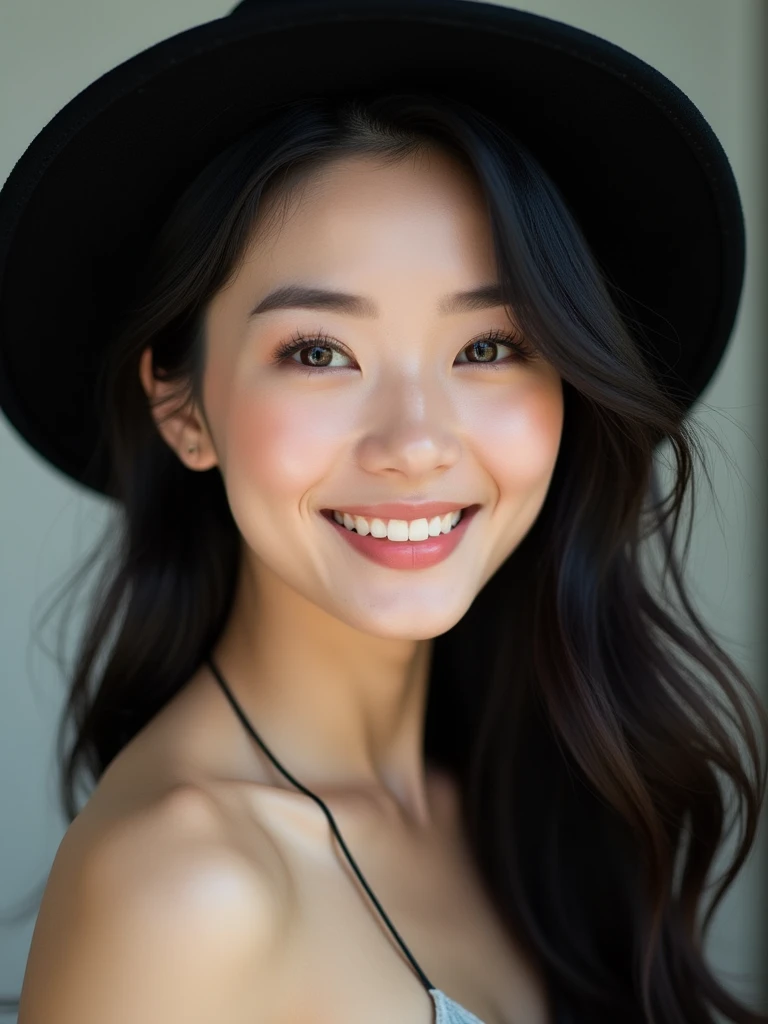 chinese girl 20 years old , with flawless face,bright smile,cute,beautiful,high quality beautiful,black hair ,with black hat,casual style