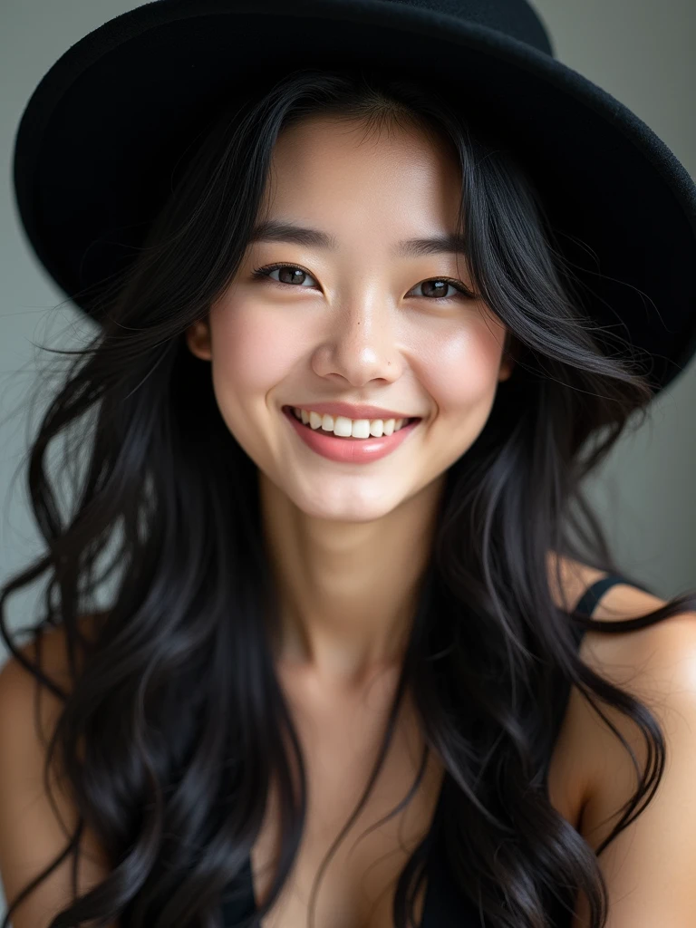 chinese girl 20 years old , with flawless face,bright smile,cute,beautiful,high quality beautiful,black hair ,with black hat,casual style