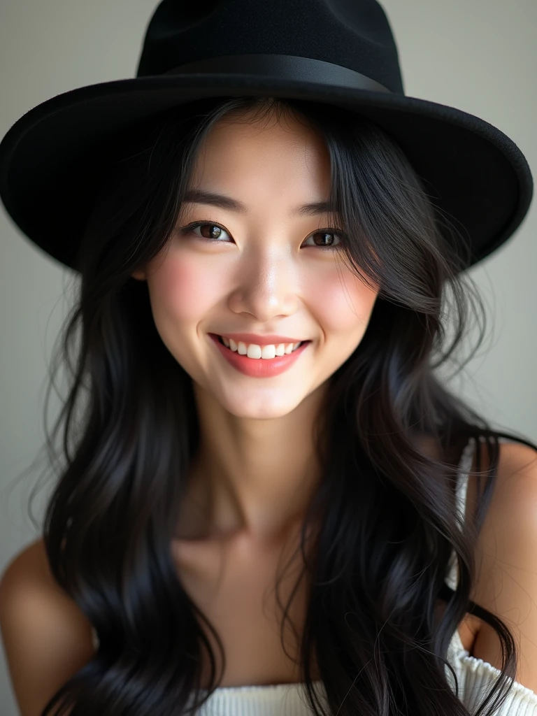 chinese girl 20 years old , with flawless face,bright smile,cute,beautiful,high quality beautiful,black hair ,with black hat,casual style
