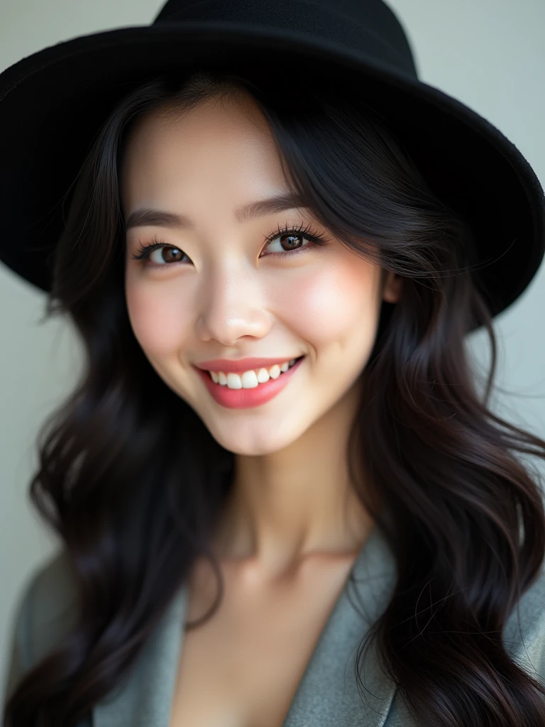 chinese girl 20 years old , with flawless face,bright smile,cute,beautiful,high quality beautiful,black hair ,with black hat,casual style