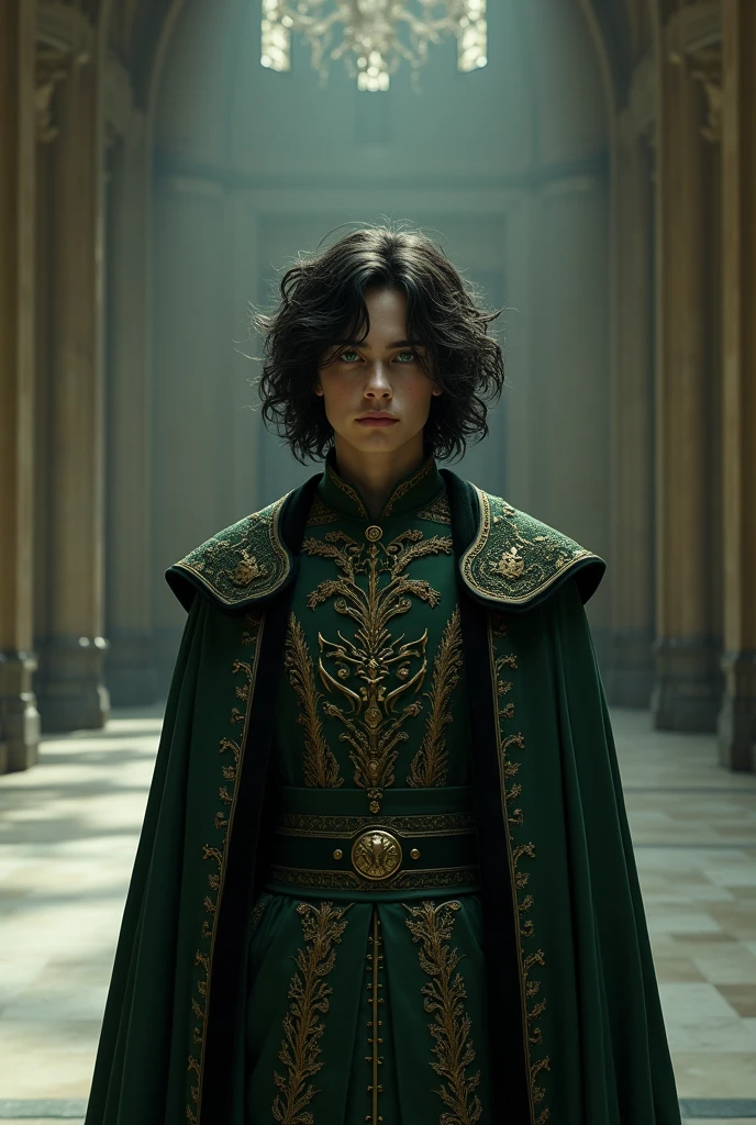the Great Hall in front of her was empty - except for a young man she had never seen before.
He had some similarities to Potter, but her bright green eyes were lighter, her hair is darker and much longer. It hung in wild locks to her shoulders, only tamed by a spiderweb-like hair ornament that spoke of the Lords of old.
He was wearing formal attire—heavily ornamented robes and a tunic with a green basilisk embroidered around his waist..