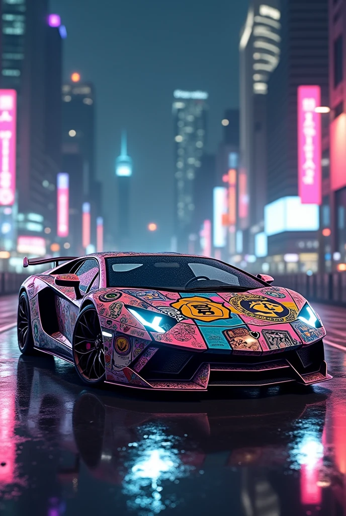 Lamborghini with anime stickers 