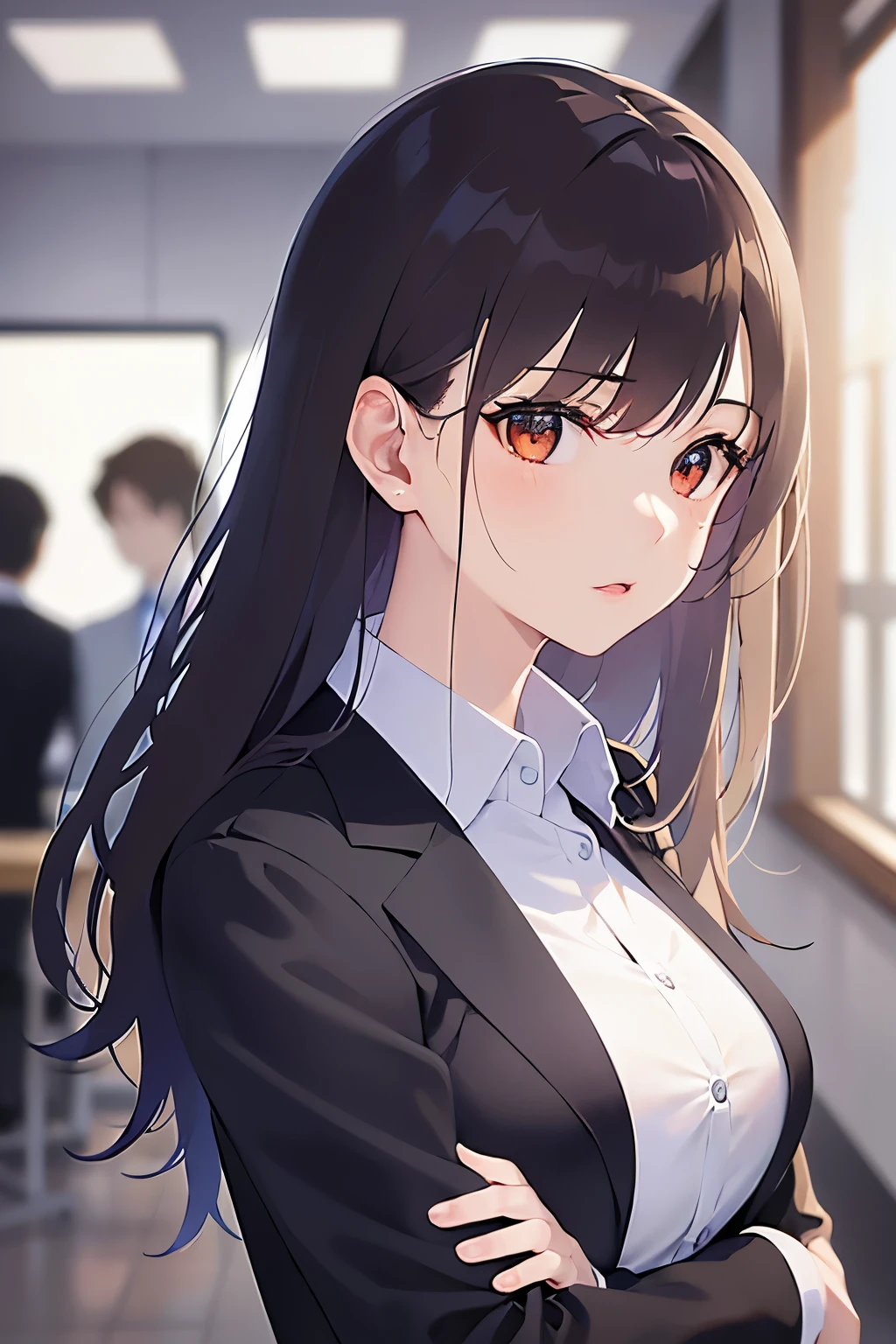 (looking away:1.5)Upper Body, look back、Shooting from the front、
Realistic, real person, (pale skin: 1.2), RAW photo, photorealistic, shiny skin, shiny hair、(A 2 woman with medium-length hair and bangs) and (wavy hair) and (brown hair) and (orange eyes) ,
(Wearing a business suit:1.5) and (Wearing a white collared shirt),open mouth,The background is the conference room、(alone:1.5)