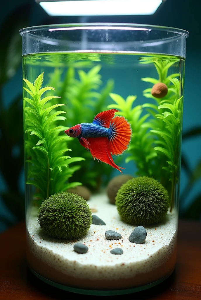 aquascape that consists a 5 gallon tank, aquatic plant java fern, 2 marimo balls, some river stones, a light colored hard sand substrate and maybe colored background with good lighting. Also put a betta fish that suits to be inside it