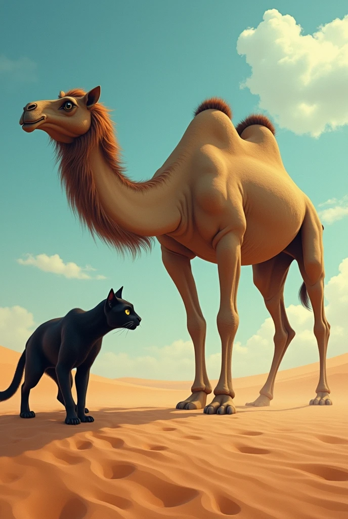 Camel fights with black cat