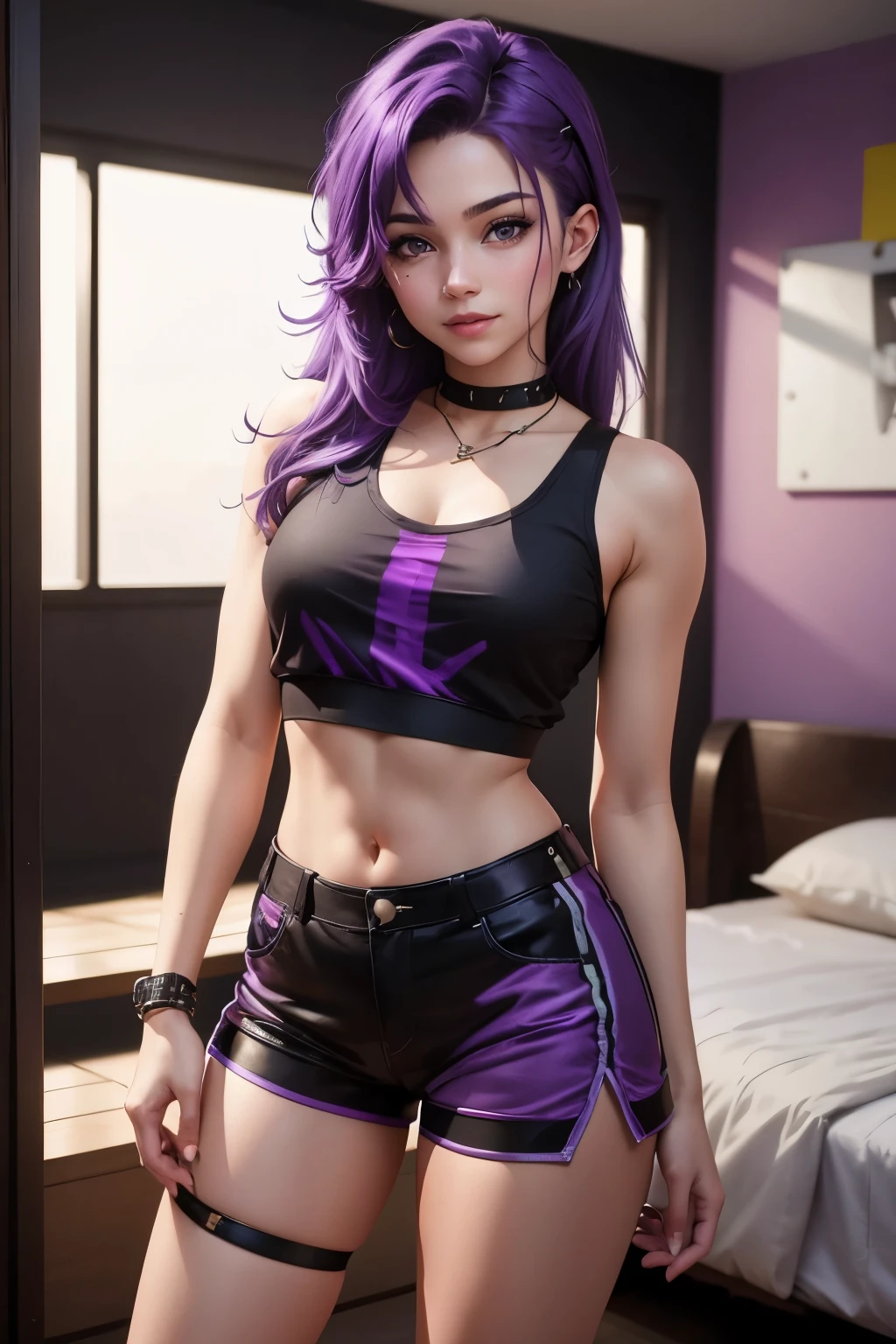 Cute young girl with purple hair wearing black crop top and purple shorts 8k quality