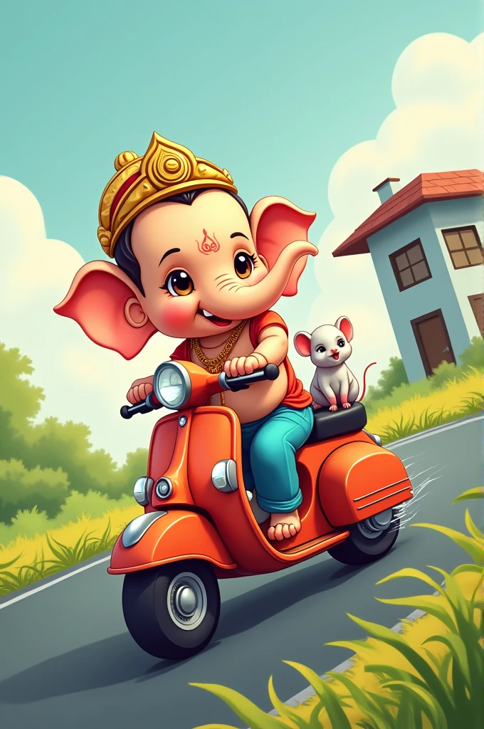 Little cute ganesh is riding a motorcycle in a village road. A boy is asking for lift. talking to him. A green colour road signboard is there and wrote KULATHOOR 2KM