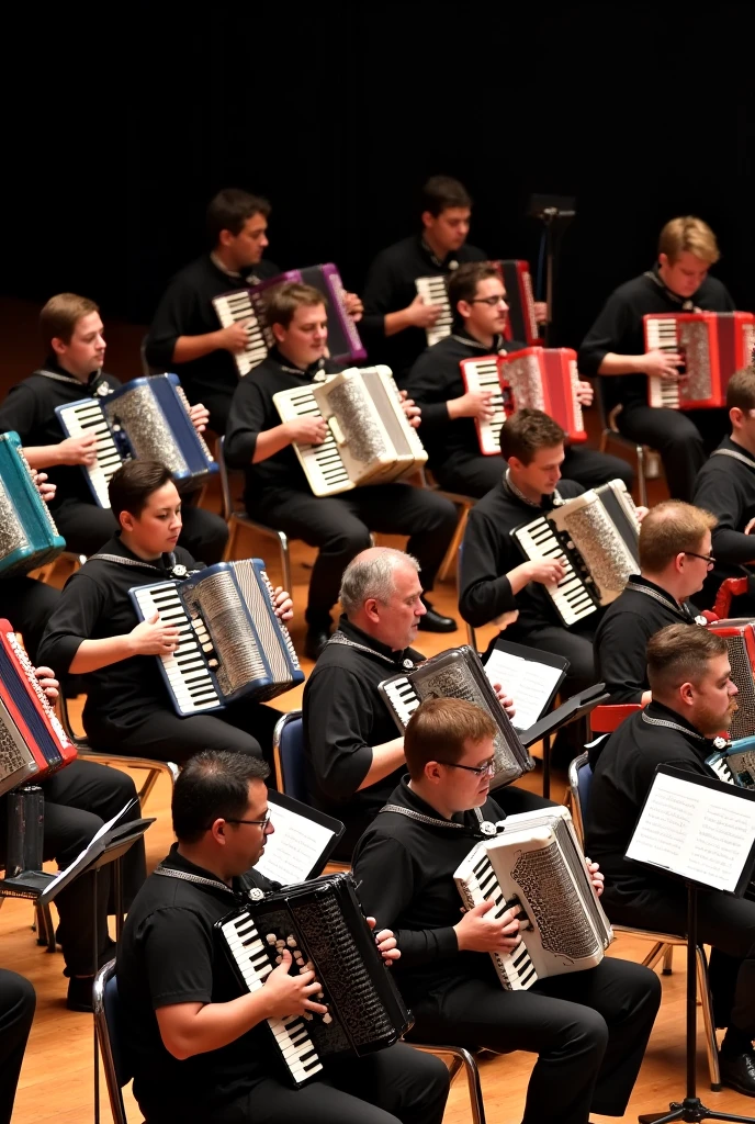 An accordion orchestra plays on a stage. Everyone wears black shirts and the accordions have different colors.there are 25 musicians .they sit on chairs and have a music stand in front of them with the inscription flying notes