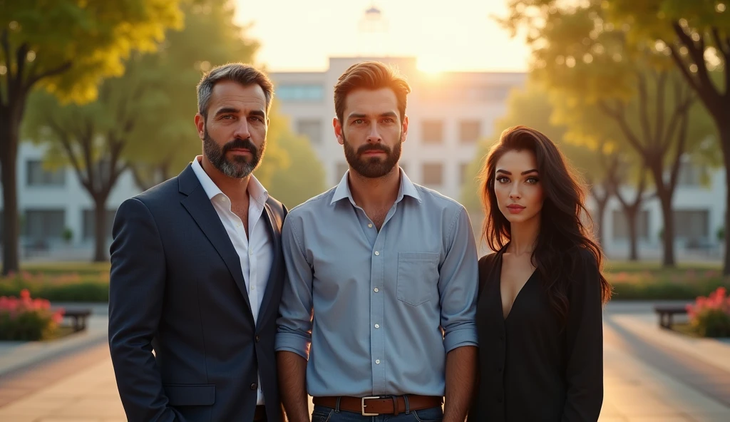 Ultrarealistic full-body portrait of three people standing in front of a blurred hospital at sunrise. Serene, sunny morning with well-maintained trees, benches, and colorful flowers. Soft dawn light illuminates the scene.

Left: Handsome 50-year-old businessman. Deep brown eyes, short graying brown hair, well-trimmed beard. Wearing elegant blazer.

Center: Handsome 30-year-old businessman, central focus. Brown eyes, short brown hair, neat beard. Light blue button-up shirt.

Right: Beautiful 2 woman. Pale skin, delicate features, long black tousled hair, vivid green eyes. Wearing sophisticated black dress.

All have serious, confident expressions, conveying introspection and determination. High-quality rendering with extreme details, maintaining serene and contemplative atmosphere.

Negative prompt: Cartoon style, unrealistic features, medical equipment, patients, doctors, ambulances, crowded scene, nighttime, rain, snow, extreme facial expressions, casual clothing, children, elderly people.