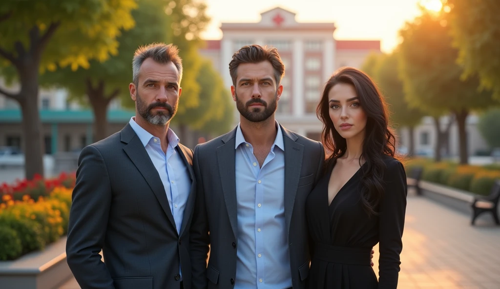 Ultrarealistic full-body portrait of three people standing in front of a blurred hospital at sunrise. Serene, sunny morning with well-maintained trees, benches, and colorful flowers. Soft dawn light illuminates the scene.
Left: Handsome 50-year-old businessman. Deep brown eyes, short graying brown hair, well-trimmed beard. Wearing elegant blazer.
Center: Handsome 30-year-old businessman, central focus. Brown eyes, short brown hair, neat beard. Light blue button-up shirt.
Right: Beautiful 2 woman. Pale skin, delicate features, long black tousled hair, vivid green eyes. Wearing sophisticated black dress.
All have serious, confident expressions, conveying introspection and determination. High-quality rendering with extreme details, maintaining serene and contemplative atmosphere.
Negative prompt: Cartoon style, unrealistic features, medical equipment, patients, doctors, ambulances, crowded scene, nighttime, rain, snow, extreme facial expressions, casual clothing, children, elderly people.