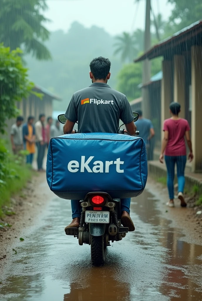Generate a
1)"realistic image of a delivery boy riding motorbike and hanging a delivery bag on his shoulders".
2) The word "Blinkit" should be written on the bag.
3)The "delivery boy should move from left to right and facing right".
4) Also generate image of a ginie above the delivery boy 's bag.