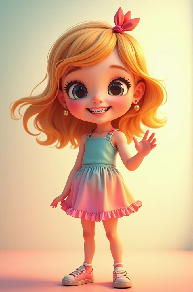 Girl have braces,strawberry blonde hair color, kid , cute dress , wave hand