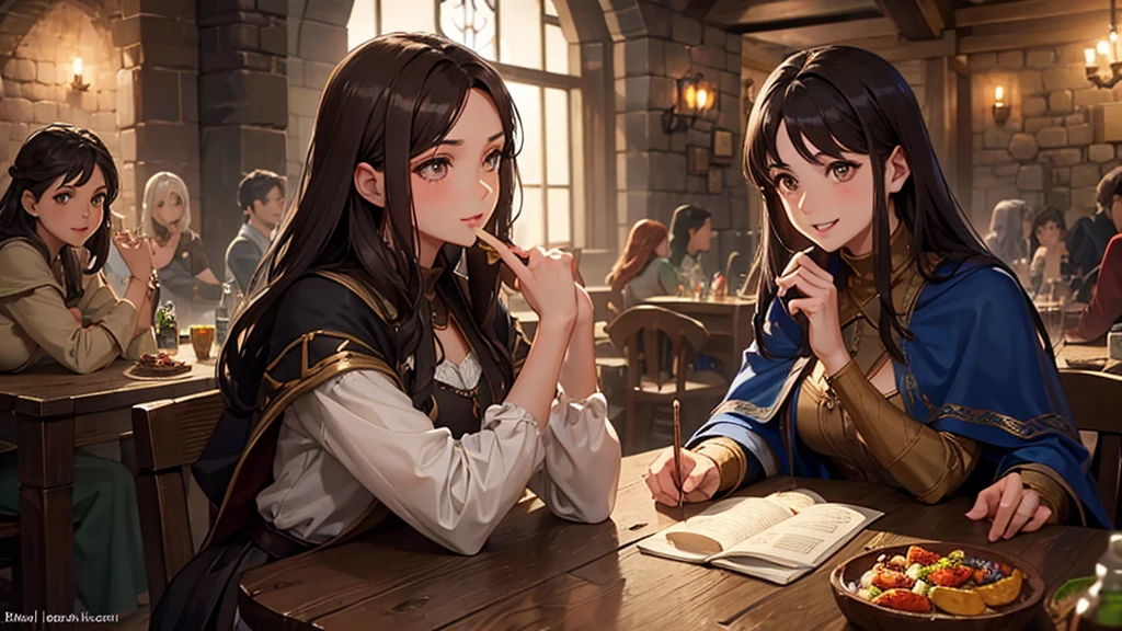 beautiful girl, Dark brown hair, Brown eyes, Dark Eyes, Fuller lips, middle ages, Wizard, Tavern, Having fun at the table with friends