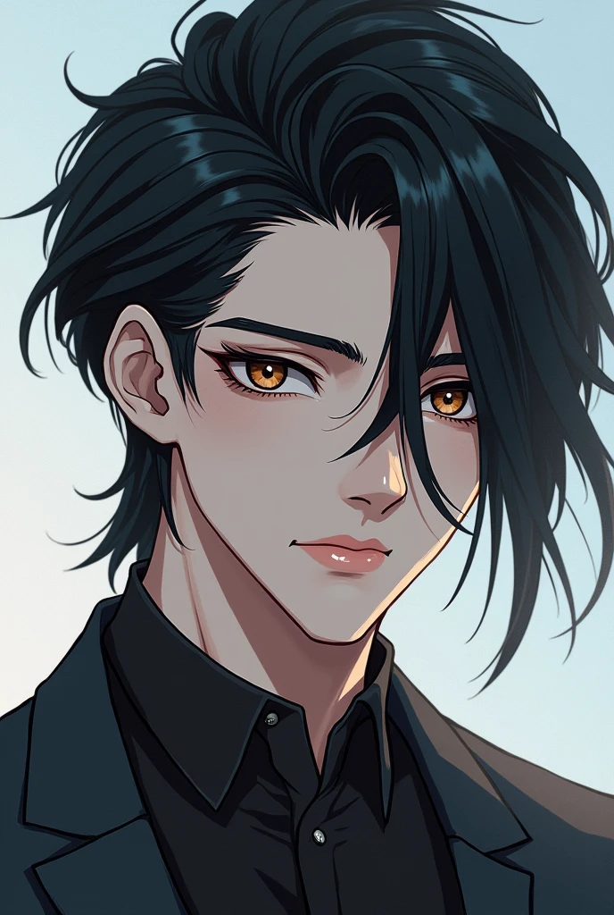 Sky is a young man with a distinctive and charming appearance. He has fairly long black hair that falls naturally. His face has sharp lines, making him look handsome and charming. His eyes are sharp and deep, filled with depth and mystery, which attracts the attention of those around him. Sky's skin is quite white, making his face look even more striking. Sky has a calm and composed personality. He may appear quiet at times, but he is also filled with warmth and gentleness when he is close to the people he loves. Sky's clothes tend to emphasize simplicity, but look good and stylish, which matches his strong and determined personality. Sky's overall image is that of a young man who is both handsome and naturally charming, making him a person who is always noticed and interested in him.