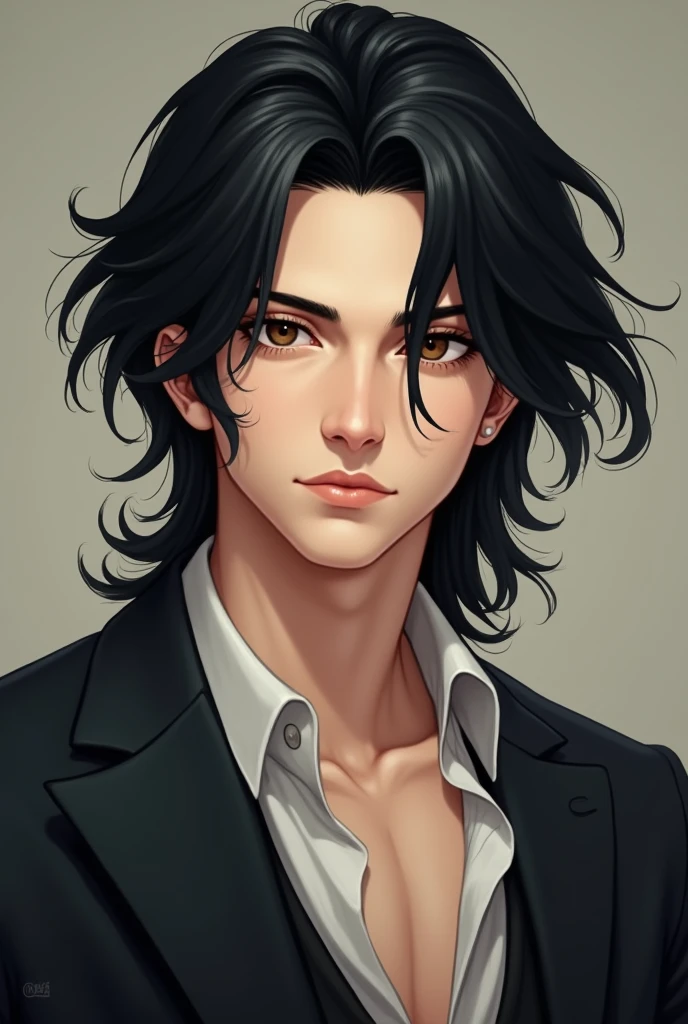 Sky is a young man with a distinctive and charming appearance. He has fairly long black hair that falls naturally. His face has sharp lines, making him look handsome and charming. His eyes are sharp and deep, filled with depth and mystery, which attracts the attention of those around him. Sky's skin is quite white, making his face look even more striking. Sky has a calm and composed personality. He may appear quiet at times, but he is also filled with warmth and gentleness when he is close to the people he loves. Sky's clothes tend to emphasize simplicity, but look good and stylish, which matches his strong and determined personality. Sky's overall image is that of a young man who is both handsome and naturally charming, making him a person who is always noticed and interested in him.