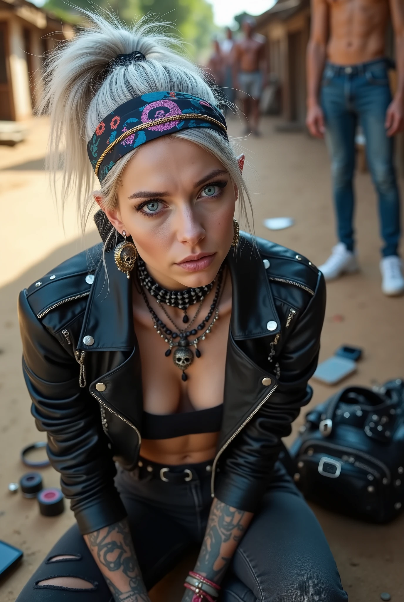 russian milf woman, grey hair (pouf, shaved sides, ponytail) and oversize wide colourful bandana as headband, with very light blue eyes, extremely pale. Wearing  cropped black moto jacket with lots of zippers and pins, black push up bra with white seams, dark skinny blue jeans with holes in knees. Dirty white tennis sneakers . Lots of metallic bracelets and  colourful beads collars. Tacky wide studded leather belt with oversized skull and bones buckle. Long bohemian earrings with feathers. Squatting, looking at the camera. Shy, humble facial expression. Hands on her knees,  studded black leather tote bag with chains next to her  Listening in amazement to somebody speaking to her, Toned abdominals, thin neck, slim legs and thin arms. Chest, neck and hands tattoed heavily.  Dirt road in Kenia village, crowded with shirtless men in jeans. next to her, coins , mobile, lipstick, makeup kit and sunglasses and all her belongings scattered on the floor