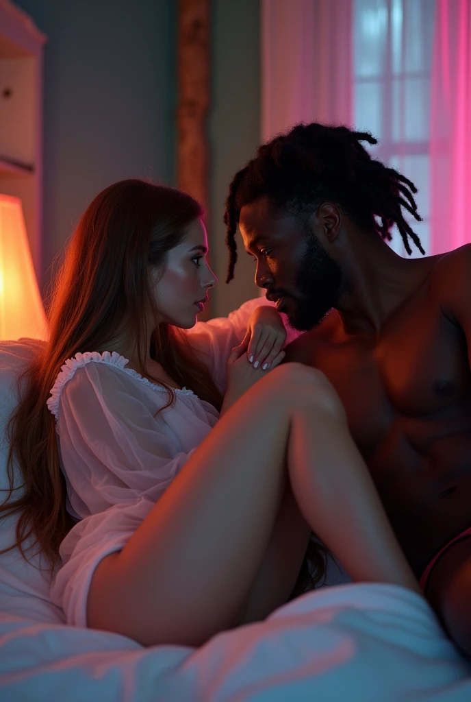 (Photorealsitic:1.4), (masterpiece:1.3), (top-quality:1.4), ultrarealistic y well proportioned, full body of ((innocent and (sexlittle 28 years woman) and (tall (muscular) black man )), man lycra black thong exposed , powerful jaw, dreadlocks, detailed medium dreadlocks, dominag muscular arms, wide chest, narrow waist, strong legs, she bright expression, extremely beautyfull, ukrainian beautiful, Detailed cute and beautiful face, beautiful big grey eyes, extremely long straight brown hair, ukrainian genetics, perky small nose, Glowing pale shiny skin, Bangs that extend to the face, tight body, tonned abs, (cozy night bedroom), alternative vibe,vibrant lighting, high contrast,dramatic shadows,highly detailed,detailed skin,depth of field,dynamic angle,glimmer lighting, film grain, woman (white transparent gauze gown, pink undies) man man lying lateral in bed, she in front of him in face down position, he holding her back looking at her hips with desire, sexy bite 5 toes,rfect feet, passionate pose, perspective