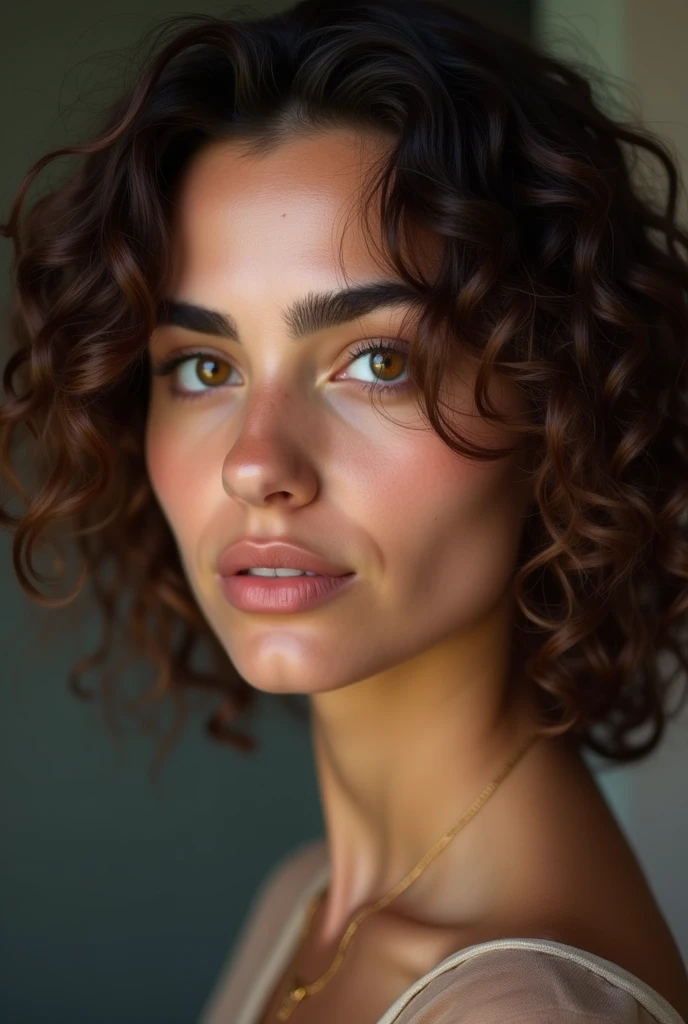 Design a beautiful picture for me Palestinian journalist plestia alaqad  With curly hair And a white face with hazel eyes