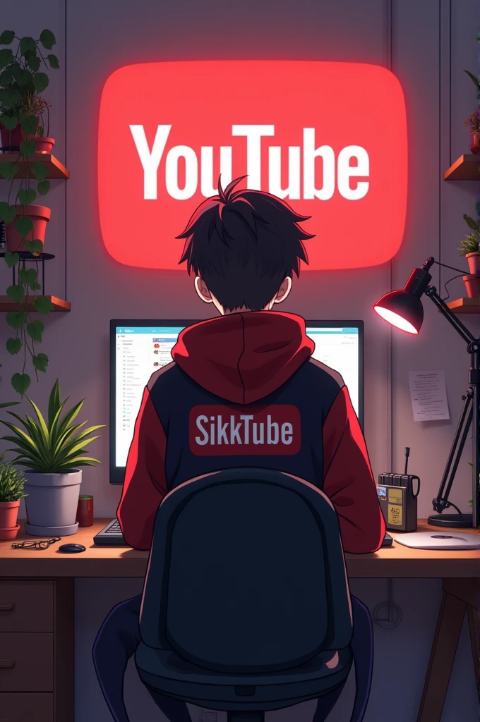 

Create a image of "A 18 years anime boy sitting in front of a computer desk with a microphone and laptop, wearing black and red hoodie with the Channel Name on it "SICKTUBE". The background includes a large YouTube logo on the wall, potted plants on either side, and various recording equipment." For YouTube receive