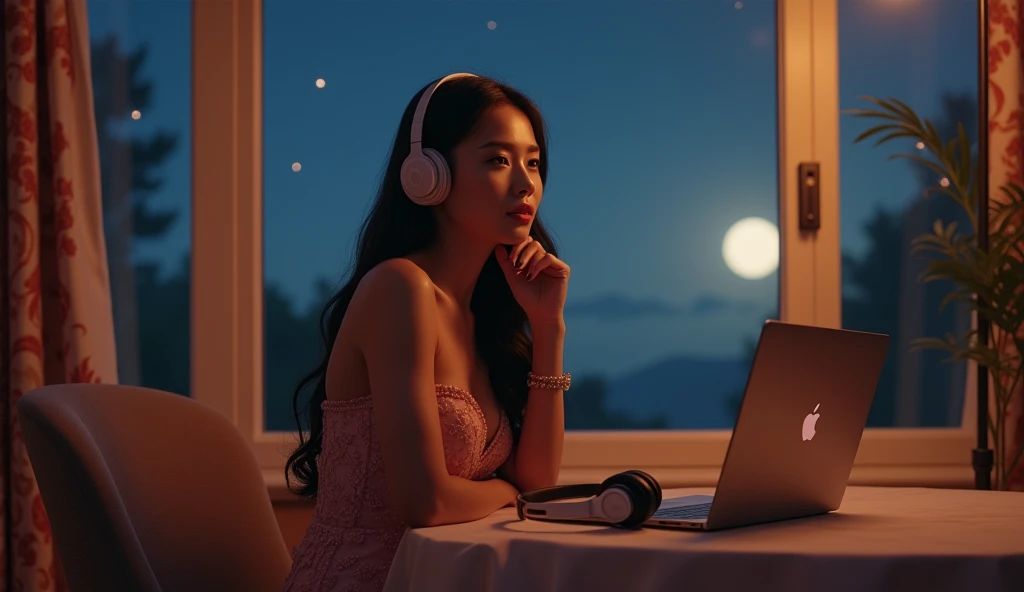 (photorealism:1.2), Create an image of a confident 2 Filipina woman with an hourglass body shape, slightly curvy, standing at 5'4". She has fair skin, long and thick hair, and a small heart-shaped face with subtle cheekbones and a rounded chin. Her nose is delicate, pointy, and . She is sitting on a chair at a table inside a beautifully decorated, well-lit room. The room is warmly illuminated by soft ambient lights, complementing the gentle moonlight streaming through large windows. She is wearing an elegant evening gown that drapes gracefully around her. On the table in front of her is a MacBook, and she is wearing large, stylish over-ear headphones that cover her ears completely, lost in the music playing. Her hands rest on the table or gently touch her chin, reflecting her deep thinking. Outside, the night sky is dotted with stars, adding a serene and tranquil ambiance to the evening.