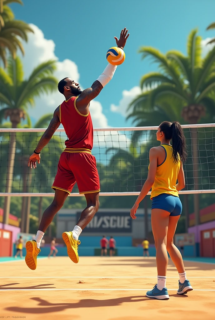 LeBron James playing volleyball at Praia Clube with Thaisa