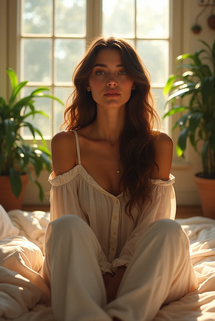 (photorealism:1.2), beautiful woman, sitting on bed, wearing loose off-shoulder top, pajama pants, long curly hair, indoors, soft lighting, plants in background, window with sunlight, cozy room, relaxed pose, realistic, intricate details, warm colors, by Greg Rutkowski, by Alphonse Mucha