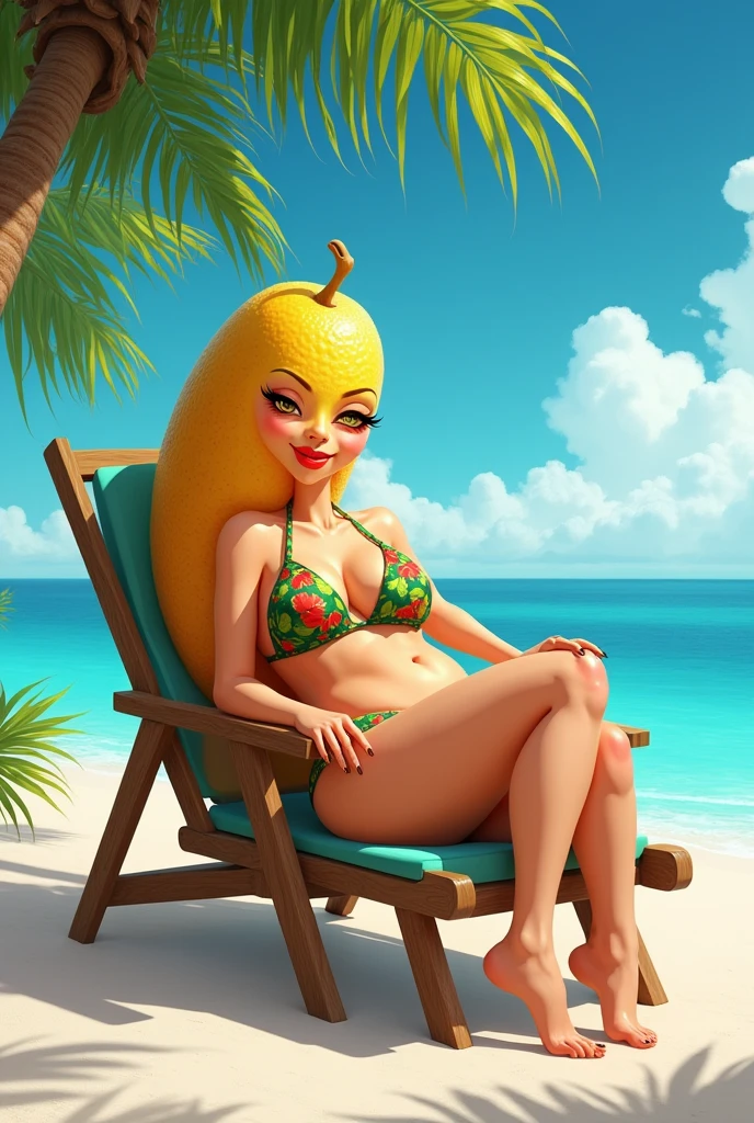 Palm fruit sunbathing in a bikini, sitting on a beach chair seducing
