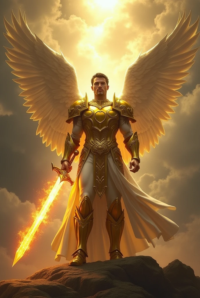 A male angel who is on high, he has golden armor and as if he were protecting something, he is feared and he is an angel of divine light., carrying a sword of fire in a sky with dark gray clouds having a divine light from God