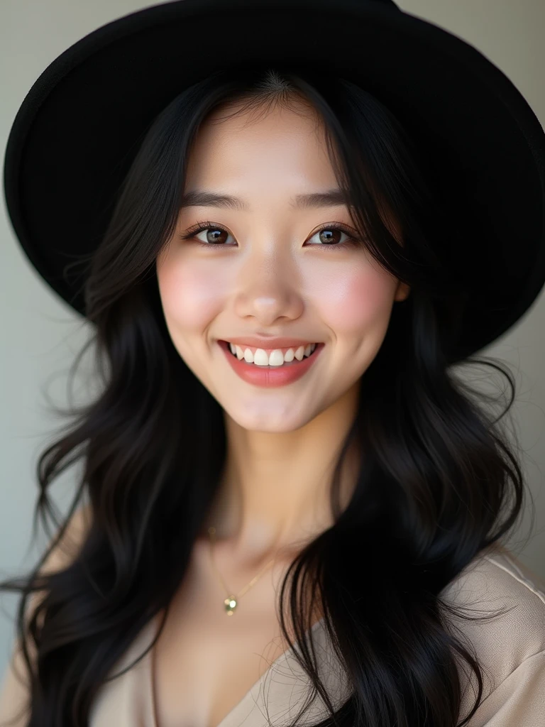 chinese girl 20 years old , with flawless face,bright smile,cute,beautiful,high quality beautiful,black hair ,with black hat,casual style