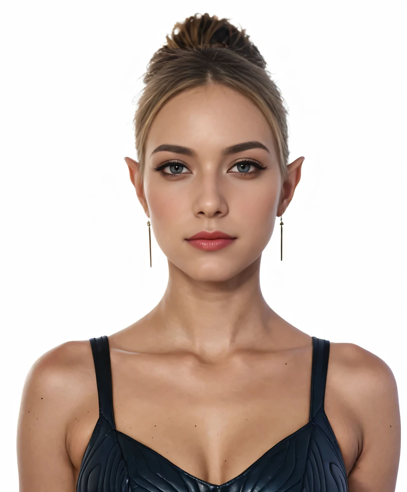 Mintara is a beautiful blonde, sexy glamorous elf girl, 20 years old, Mintara hairstyle, Mintara hair color, large expressive blue eyes, long black thick eyelashes, straight chiseled nose, full juicy lips, light perfect skin, Mintara beautiful aristocratic face, bright makeup, scarlet lipstick on the lips, beautiful shadows on the upper eyelid, Slender beautiful figure, beautiful breasts, thin waist, long slender perfect legs, high-heeled Mintara boots, high-heeled shoes, Mintara armor, large earrings, huge earrings, beautiful symmetrical toes, Red manicure, Looking at the viewer, Full-length photo, Realism, UHD, retina, masterpiece, accurate, anatomically correct, textured skin, super detail, high details, high quality, award winning, best quality, highres, 1080P