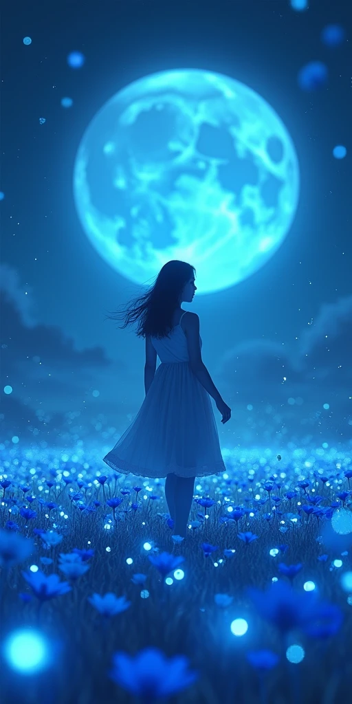 ((masterpiece)), best quality, High quality, ultra-detailed, 1024k UHD wallpaper, ultra-high resolution, depth of field, dreamlike, illustration, intricate, Professional, Vivid colors, soft, High saturation, sharp focus, Lens flare, (extremely detailed CG 1024k wallpaper), Best Details, Ultra HD Photo, (1girl), Walking in the Night, Bioluminescene, Blue flowers field, Big blue Moon, blue fireflies, blue star, (Night), (Beautiful Amazing Background), (blue Glitter particles), (blue shimmering Effect), (light pastel), pastel, nijijourney,