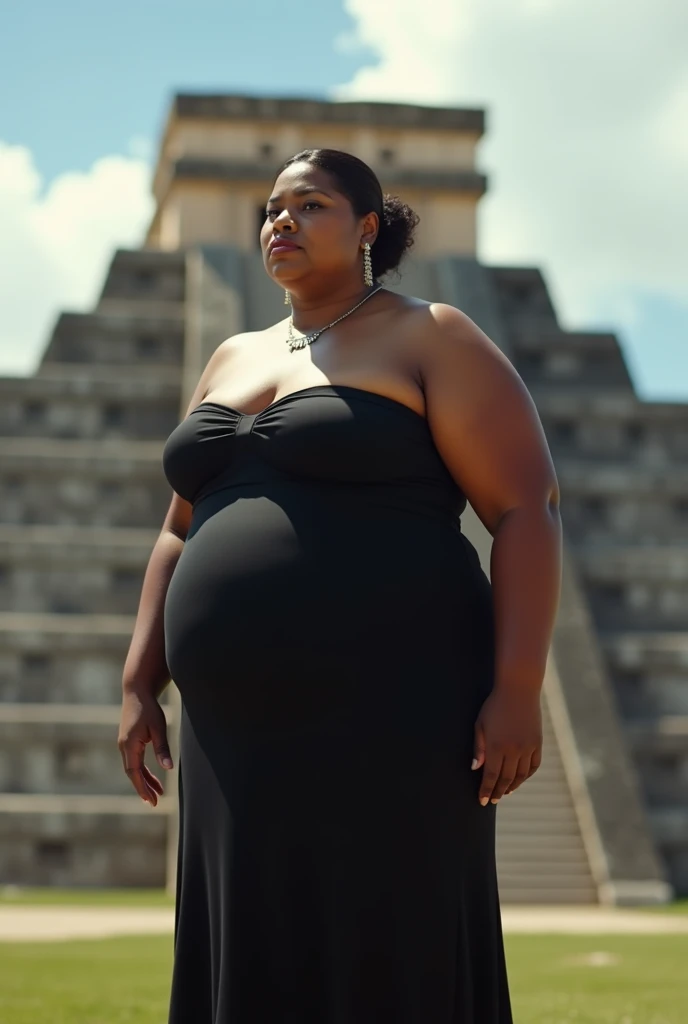 una mujer ultra real mexicana morena con big ones caderas, small waist , big ones. old, in an evening dress, with a thick body, thin face, thin body, with a black dress, without any necklace or accessory on the neck, in the background an Aztec pyramid, like a photograph, in broad daylight.