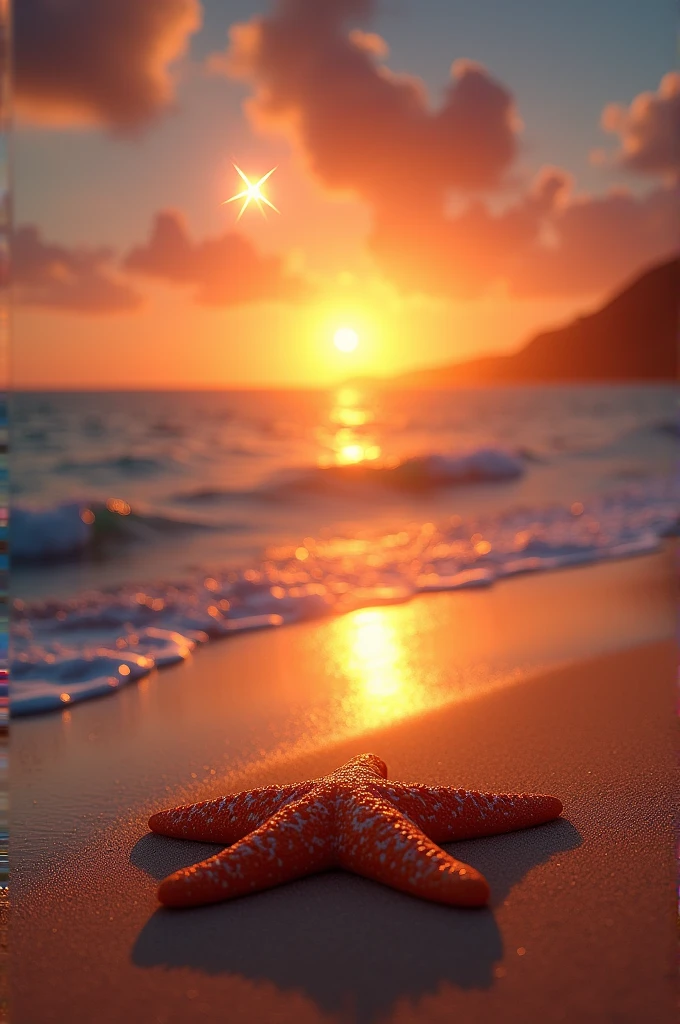 Capture a sunset on the beach where next to the sun you can see a bright star and in the sand of the beach there is a starfish.