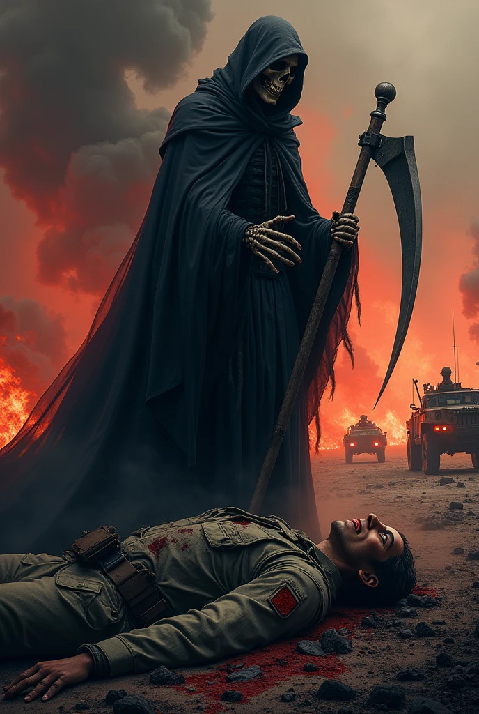 Grim reaper over dying modern soldier on a fiery battlefield 