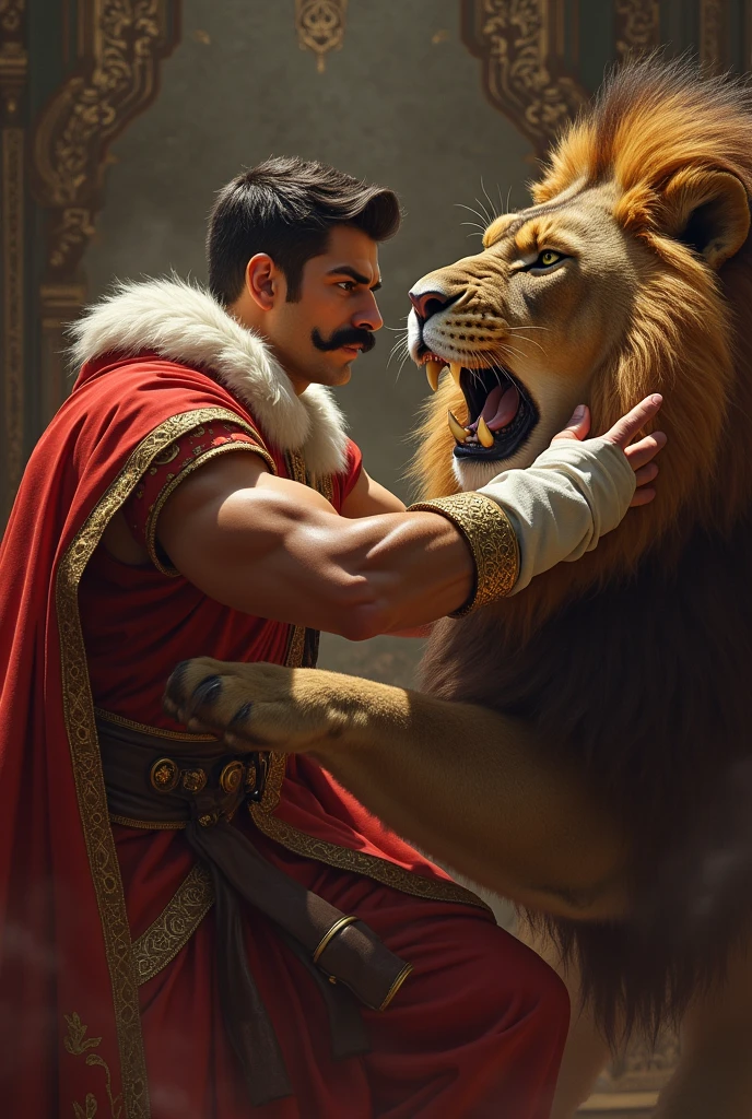 young king age around 25 with large mustaches and no beard, using both hands to scratch the face of a lion."