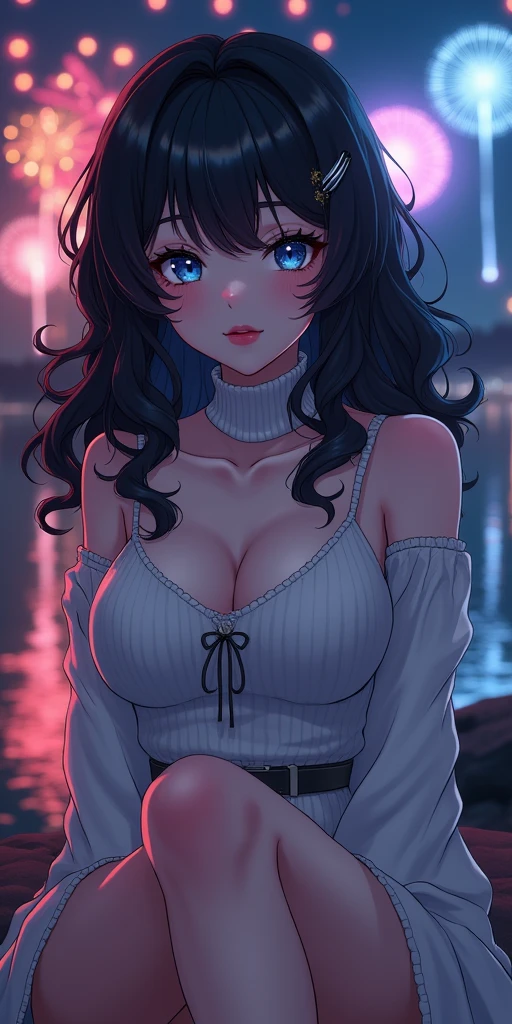 (best quality, ultra-detailed, photorealistic: 1.39), bright and vibrant colors, studio lighting, romantic expression, An effeminate girl, with a delicate and beautiful face. She is a girl who reflects seductive beauty, sparkling eyes, A Beautiful and adult woman and voluminous curly black hair, hair clip, crying a seductive 2 woman with big breasts seduces, matches the gothic makeup, with her large breasts seduces, Turtleneck sweater, white wool, sleeveless, beautiful sweater dress, sitting, with beautiful legs, ankle boots, with her blue eyes that matches her soft smile, black gothic style, in a beautiful pose demonstrating her seduction on the in the park at night, beautiful event gothic style decoration with lights and fireworks, night with soft lighting, anime style, like a manwha character