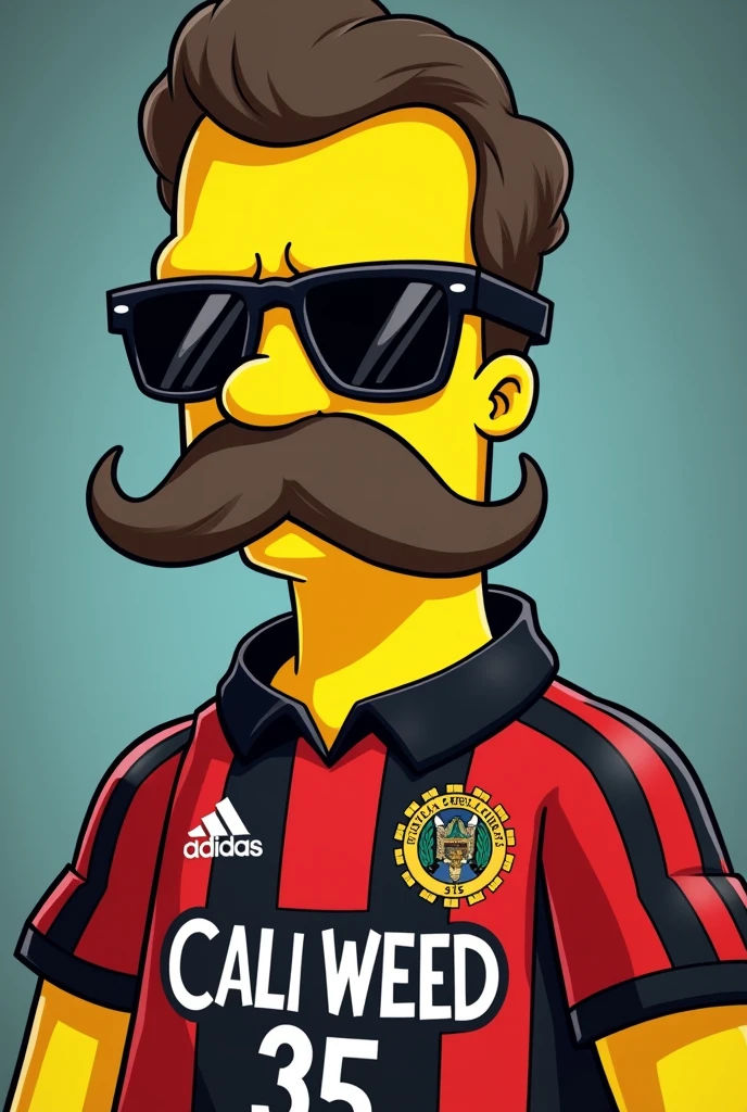 homer simpson avec un joint dans la bouche avec une moustache et le maillot rouge et noir du stade rennais en cartoon