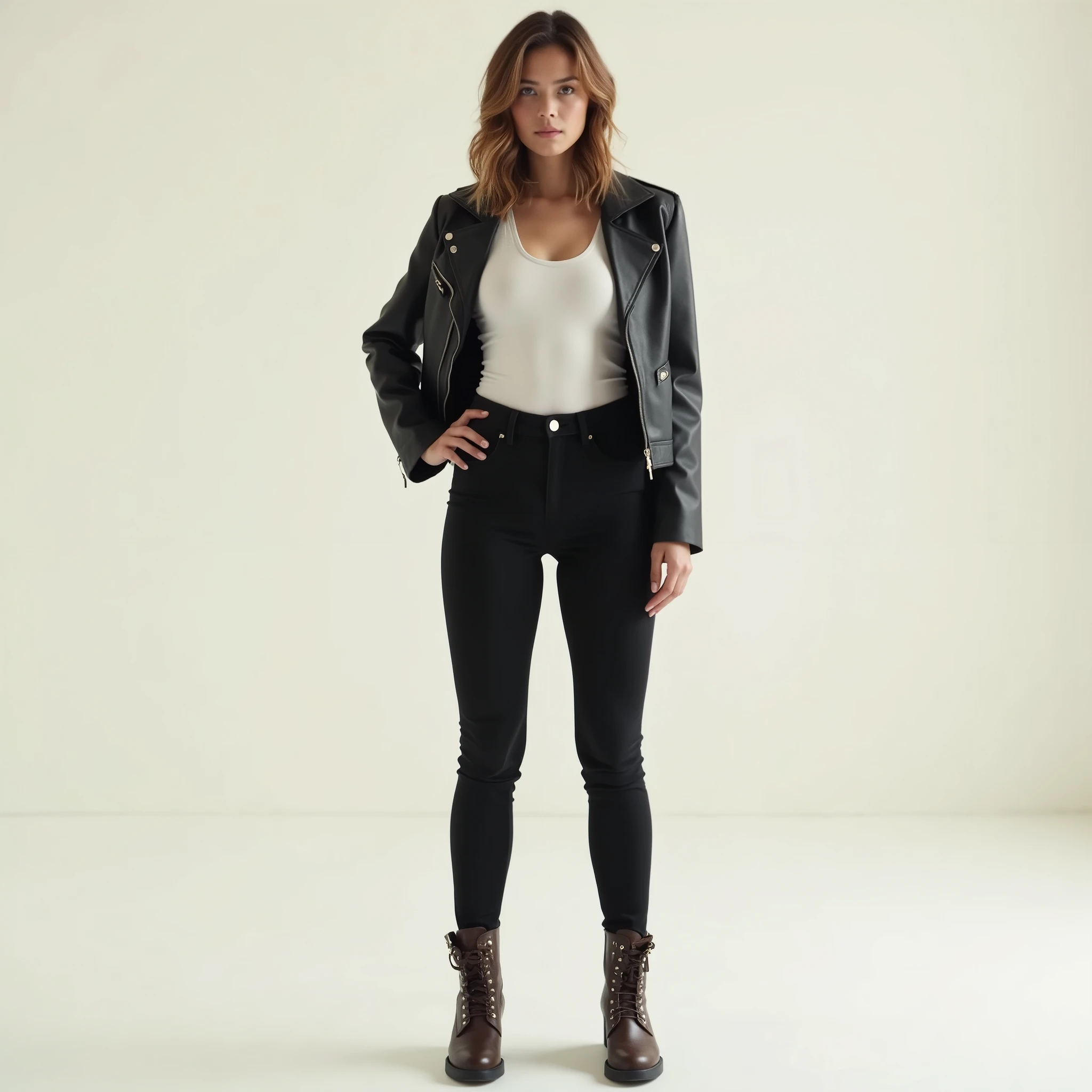 captured with a Sony α7 III camera, an narrow waist, wide hips, and a full bust. The proportions are highly stylized, with a sharp contrast between the tiny waist and the expansive curves of the hips and chest, full body shot, fitted leather jacker black in color above the hip line, inner white tee, skinny black jeans, Studded Ankle Boots dark brown, standing, creamy white background.