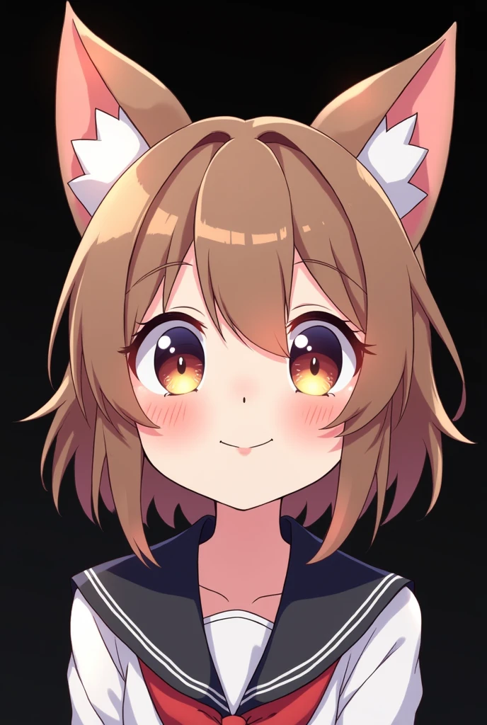 ear blush, by rubio, by the wide, swept bangs, Non-matching pupils, Sanpaku, cat ears, smile, animated style, tachi-e, High Definition, Black background