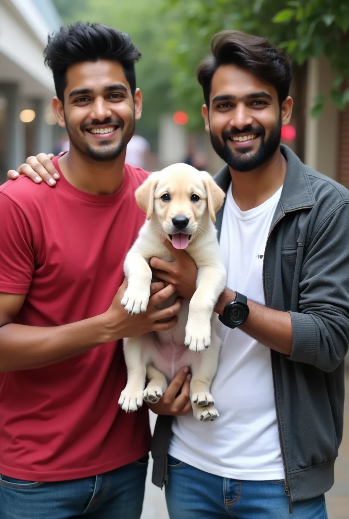 Please create an image with look alike clicked by camera
In picture I’m holding a labrador cream color dog puppy with high tongue out in cute pose and my bill gates  is there with me and his one hand is on my shoulder 
We both friends are north indian male with fair color tone 
I’m clean shaved and my friend is in small beard
I’m wearing red t shirt and he is carrying white t shirt with jacket
And jeans with good sneaker
