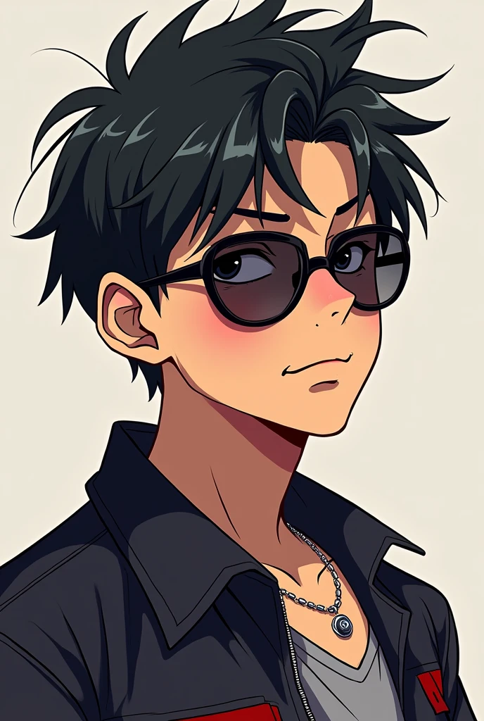 Create a profile pic cute anime teenage mafia boy with sunglasses on. Both shoulders must be seen. Sunglasses should be tinted. Make him a little masculine