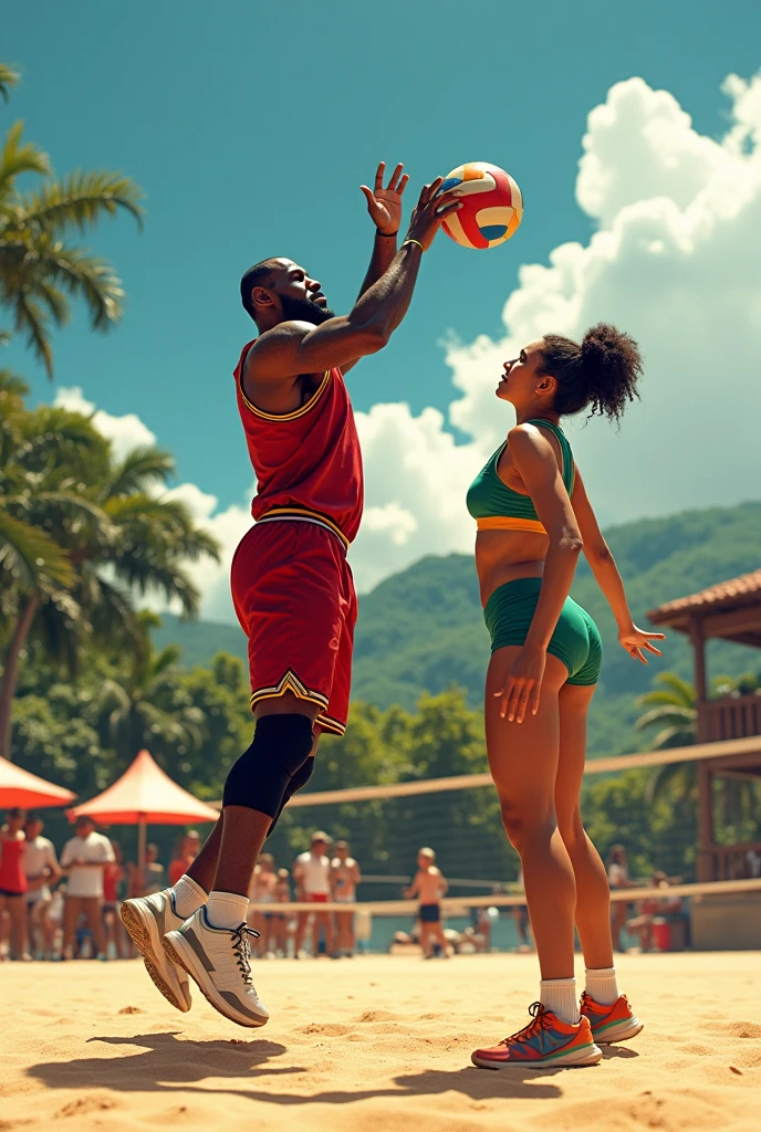 LeBron James playing volleyball at Praia Clube with Thaísa Daher