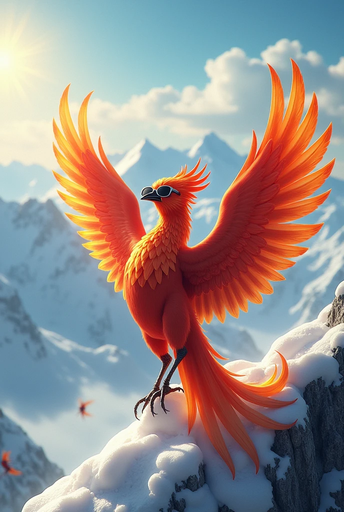 Phoenix, Above the snowy mountains, on vacation, wearing sunglasses, multiple phoenixes in the background,